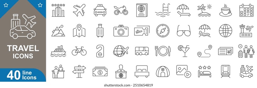 Travel icons set. Adventure, landmarks, journey, culture, vacation, nature, destinations, essentials and more. vector illustrator.