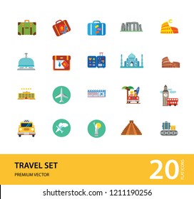 Travel icons set with airplane, flight ticket and suitcase. Thirteen vector icons