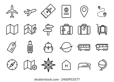 Travel icons set, travel, airplane, luggage, world, compass, map, hotel