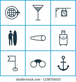 Travel icons set with around globe, street clock, flag and other surf-board elements. Isolated vector illustration travel icons.