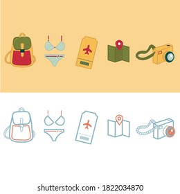 
Travel icons set. Backpack. Photo camera. Swimsuit. Map. Ticket. Vector icons.