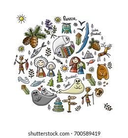 Travel icons set, Baikal, Russia. Sketch for your design