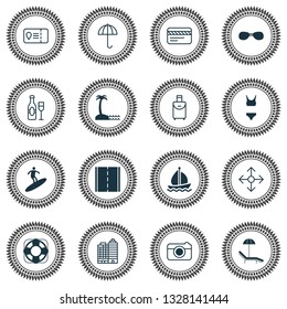 Travel icons set with bikini, beach, travel bag and other direction arrows  elements. Isolated vector illustration travel icons.
