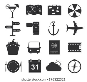 Travel icons, set of black icons tourism