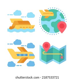 travel icons set = boat, abroad, flight, explore. Perfect for website mobile app, app icons, presentation, illustration and any other projects