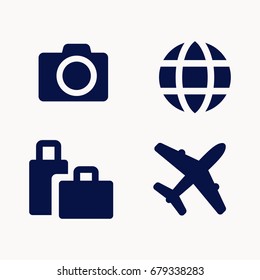 Travel icons set, camera, suitcase, globe and airplane, simple monochrome vector signs