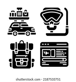 travel icons set =car, scuba diving, backpacker, web flight. Perfect for website mobile app, app icons, presentation, illustration and any other projects