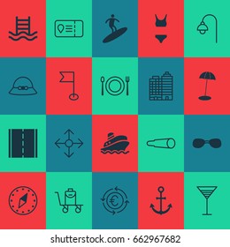 Travel Icons Set. Collection Of Aperitif, Boardsports, Currency Recycle And Other Elements. Also Includes Symbols Such As Navigation, Field Glasses, Light.
