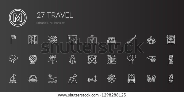 travel icons set.\
Collection of travel with backpack, rudder, moon rover, mountain,\
beach, car, boat, balloons, sun lotion, lifesaver, egypt. Editable\
and scalable travel\
icons.