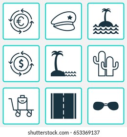 Travel Icons Set. Collection Of Baggage On Conveyor, Currency Recycle, Photo Camera And Other Elements. Also Includes Symbols Such As Police, Cactus, Cap.