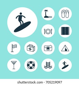 Travel Icons Set. Collection Of Basin Ladder, First Aid Bag, Aperitif And Other Elements. Also Includes Symbols Such As Flag, First, Place.
