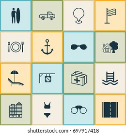 Travel Icons Set. Collection Of Bathing Costume, First Aid Bag, Surf-Board And Other Elements. Also Includes Symbols Such As Place, Field Glasses, Chair.