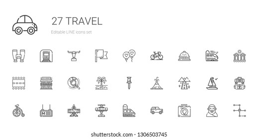 travel icons set. Collection of travel with briefcase, car, train, airplane, metro, bicycle, road, volcano, pin, palm tree, explore, motel. Editable and scalable travel icons.