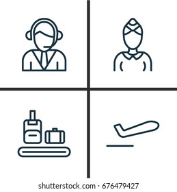 Travel Icons Set. Collection Of Briefcase Scanner, Airliner Takeoff, Operator And Other Elements. Also Includes Symbols Such As Employee, Call, Plane.