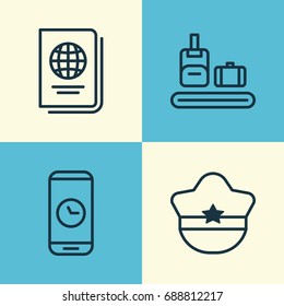 Travel Icons Set. Collection Of Call Duration, Identification Document, Pilot Hat And Other Elements. Also Includes Symbols Such As Cap, Hat, Citizenship.