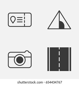 Travel Icons Set. Collection Of Camping House, Photo Camera, Trip Access And Other Elements. Also Includes Symbols Such As House, Access, Road.