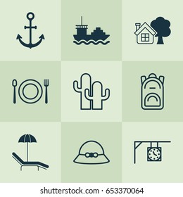 Travel Icons Set. Collection Of Cargo Boat, Ranch Home, Relax Chair And Other Elements. Also Includes Symbols Such As Beach, Time, Street.