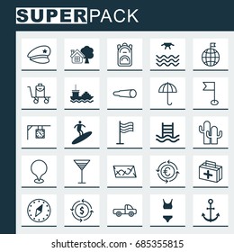 Travel Icons Set. Collection Of Cargo Boat, Gingham, Rucksack And Other Elements. Also Includes Symbols Such As Shipping, Cart, Binocular.