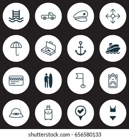 Travel Icons Set. Collection Of Checked Pointer, Bathing Costume, Direction Arrows And Other Elements. Also Includes Symbols Such As Police, Cop, Credit.