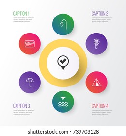 Travel Icons Set. Collection Of Checked Pointer, Gingham, Camping House And Other Elements. Also Includes Symbols Such As Credit, Magnifier, Light.