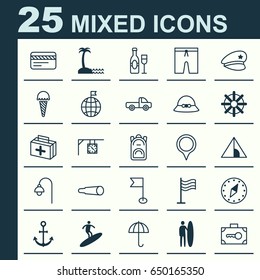 Travel Icons Set. Collection Of Cop Hat, Ship Hook, Ensign And Other Elements. Also Includes Symbols Such As Cap, Suit, Marker.