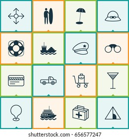 Travel Icons Set. Collection Of Cop Hat, Bank Card, Woman Cap And Other Elements. Also Includes Symbols Such As House, Aperitif, Beach.