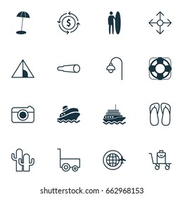 Travel Icons Set. Collection Of Direction Arrows, Coast Parasol, Yacht And Other Elements. Also Includes Symbols Such As Arrows, Exchange, Camping.