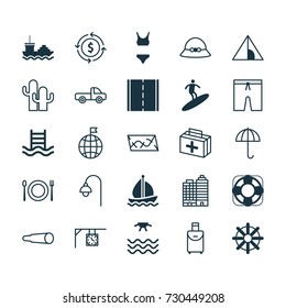 Travel Icons Set. Collection Of Travel Direction, Cargo Boat, Steering Wheel And Other Elements. Also Includes Symbols Such As Man, First, Ship.