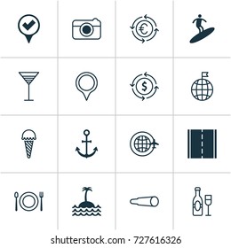 Travel Icons Set. Collection Of Eating, Frozen Food, Money Recycle And Other Elements. Also Includes Symbols Such As Glassware, Camera, Flag.