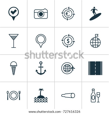 Travel Icons Set. Collection Of Eating, Frozen Food, Money Recycle And Other Elements. Also Includes Symbols Such As Glassware, Camera, Flag.