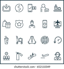 Travel Icons Set. Collection Of Enter, Airliner Takeoff, Internet Ticket And Other Elements. Also Includes Symbols Such As Departure, Extinguisher, Sheriff.