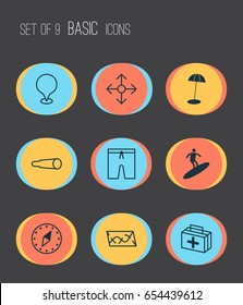 Travel Icons Set. Collection Of First Aid Bag, Map Pointer, Direction Arrows And Other Elements. Also Includes Symbols Such As Shade, Map, First.