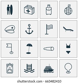 Travel Icons Set. Collection Of First Aid Bag, Magnifying Glasses, Cop Hat And Other Elements. Also Includes Symbols Such As Shade, Pennant, Hook.