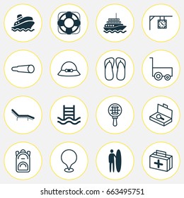 Travel Icons Set. Collection Of Globe Search, Woman Cap, Magnifying Glasses And Other Elements. Also Includes Symbols Such As Surfer, Summer, Lifebuoy.