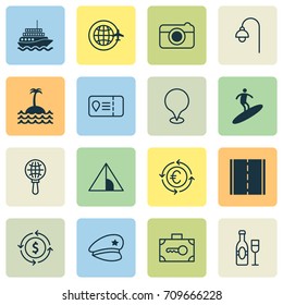 Travel Icons Set. Collection Of Globe Search, Money Recycle, Lamppost And Other Elements. Also Includes Symbols Such As Sea, Camera, Access.