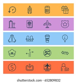 Travel Icons Set. Collection Of Globetrotter, Info Pointer, Money Trasnfer And Other Elements. Also Includes Symbols Such As Booking, Badge, Takeaway.