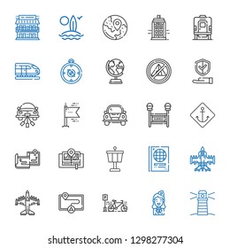 travel icons set. Collection of travel with lighthouse, stewardess, bicycle, map, airplane, passport, control tower, maps, anchor, subway. Editable and scalable travel icons.
