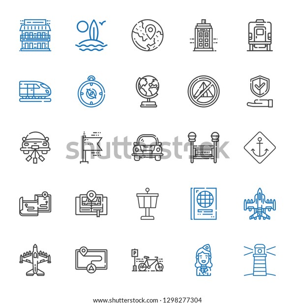 travel icons\
set. Collection of travel with lighthouse, stewardess, bicycle,\
map, airplane, passport, control tower, maps, anchor, subway.\
Editable and scalable travel\
icons.