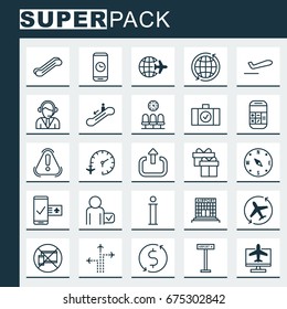 Travel Icons Set. Collection Of Luggage Scanner, Information, Flight Path And Other Travel Icon Elements. Also Includes Symbols Such As Logout, Booking, Flight.