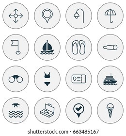 Travel Icons Set. Collection Of Magnifying Glasses, Suitcase Checking, Checked Pointer And Other Elements. Also Includes Symbols Such As Search, Magnifier, Sunrise.
