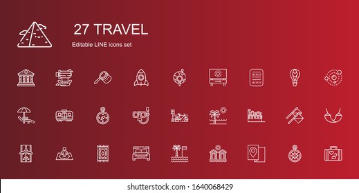 travel icons set. Collection of travel with map, cabins, palm tree, bed, carpet, position, runway, suitcase, beach, bicycle, dive, compass. Editable and scalable travel icons.