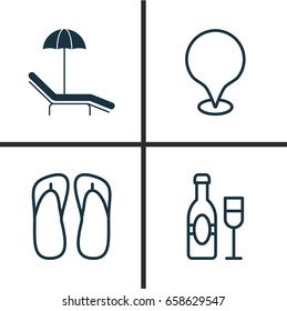 Travel Icons Set. Collection Of Map Pointer, Wine, Relax Chair And Other Elements. Also Includes Symbols Such As Marker, Pointer, Thong.