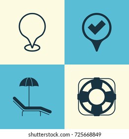 Travel Icons Set. Collection Of Map Pointer, Checked Pointer, Sea Rescue And Other Elements. Also Includes Symbols Such As Pointer, Check, Rescue.