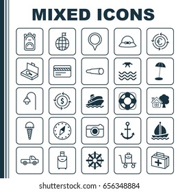 Travel Icons Set. Collection Of Marker, Suitcase Checking, Ranch Home And Other Elements. Also Includes Symbols Such As Binocular, House, Light.