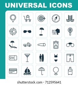 Travel Icons Set. Collection Of Marker, Relax Chair, Ranch Home And Other Elements. Also Includes Symbols Such As World, Tree, Pointer.