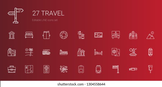 travel icons set. Collection of travel with metro, backpack, suitcase, airplane, passport, map, briefcase, bed, cabin, ship, train, beach. Editable and scalable travel icons.