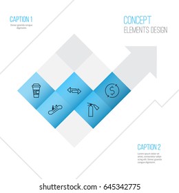Travel Icons Set. Collection Of Moving Staircase, Fire Extinguisher, Money Trasnfer And Other Elements. Also Includes Symbols Such As Takeaway, Transfer, Coffee.