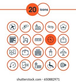 Travel Icons Set. Collection Of Phone Reservation, Aircraft Arrow, Locate And Other Elements. Also Includes Symbols Such As Escalator, Resort, Reception.