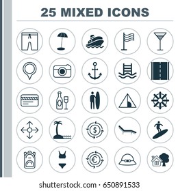 Travel Icons Set. Collection Of Photo Camera, Woman Cap, Island Beach Elements. Also Includes Symbols Such As Snapshot, Credit, Euro.