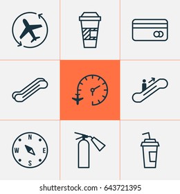 Travel Icons Set. Collection Of Plastic Card, Moving Staircase, Takeaway Coffee And Other Elements. Also Includes Symbols Such As Cup, Fire, Drink.